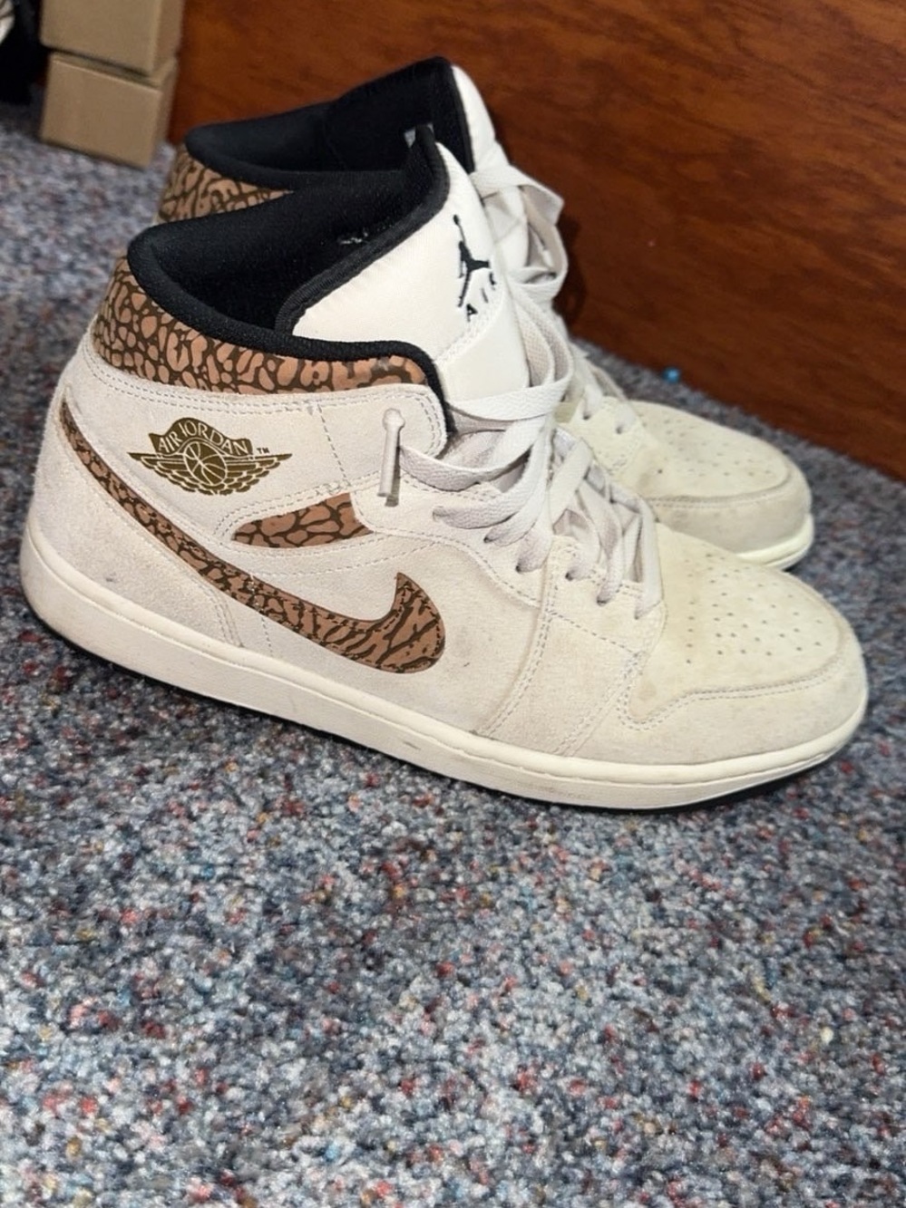Jordan Mid-Top Sneakers in Cream with Brown Elephant Print